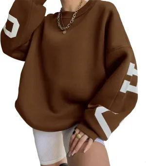 LOFAAC Women Oversized Fleece Letter Graphic Print Sweatshirt Aesthetic Crew Neck Long Sleeve Drop Shoulder Pullover Top
