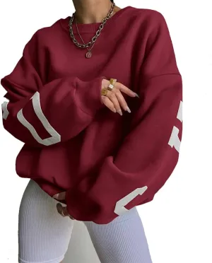 LOFAAC Women Oversized Fleece Letter Graphic Print Sweatshirt Aesthetic Crew Neck Long Sleeve Drop Shoulder Pullover Top