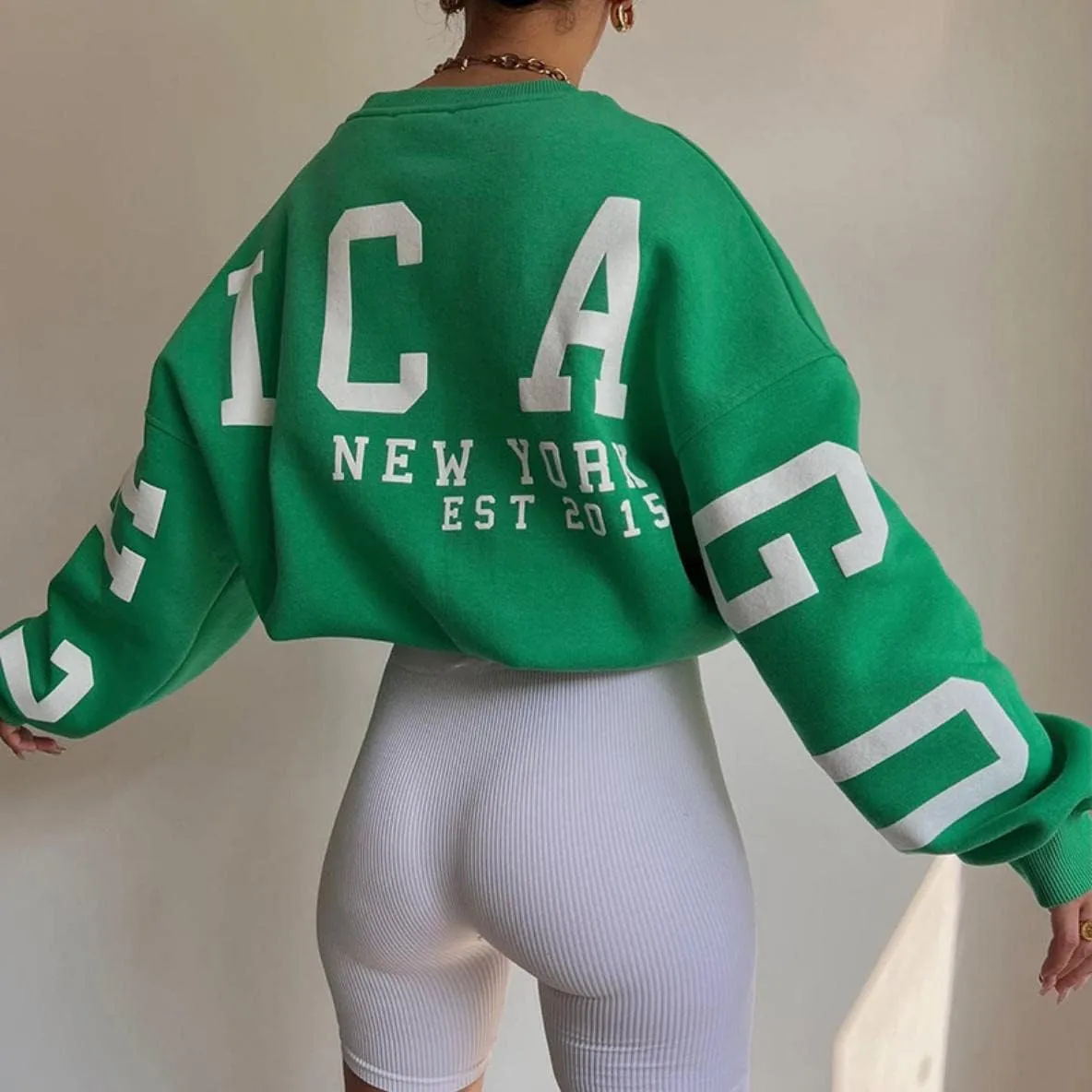 LOFAAC Women Oversized Fleece Letter Graphic Print Sweatshirt Aesthetic Crew Neck Long Sleeve Drop Shoulder Pullover Top