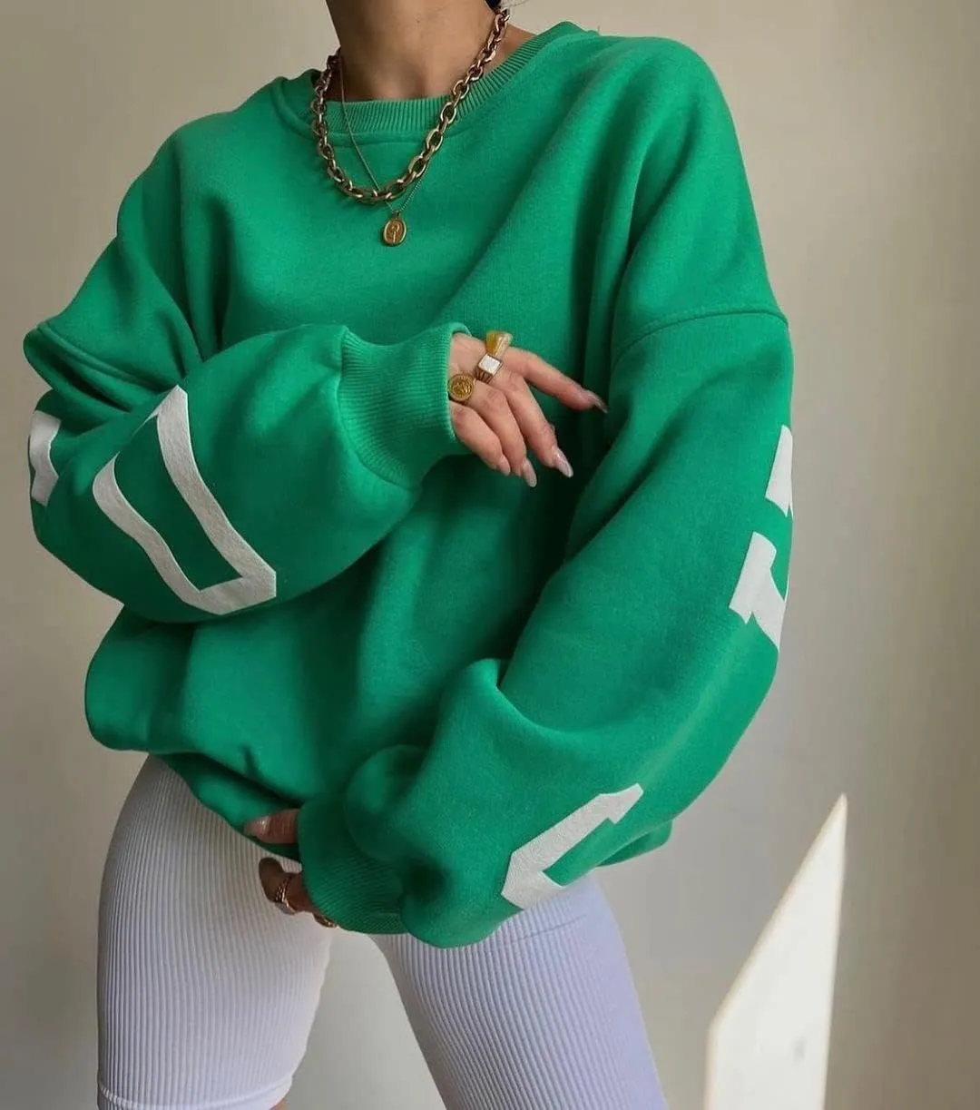 LOFAAC Women Oversized Fleece Letter Graphic Print Sweatshirt Aesthetic Crew Neck Long Sleeve Drop Shoulder Pullover Top
