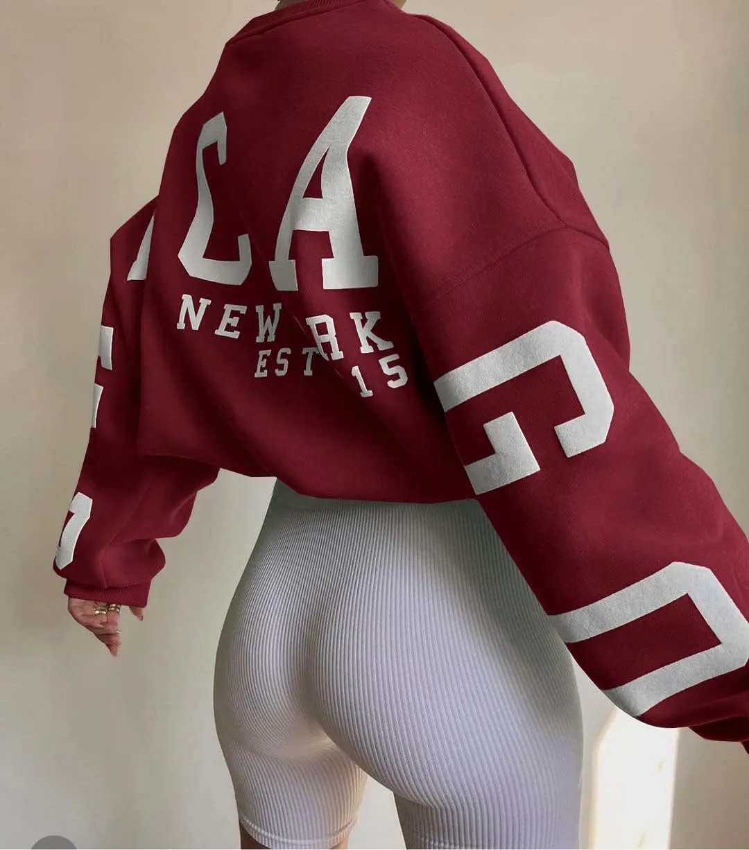 LOFAAC Women Oversized Fleece Letter Graphic Print Sweatshirt Aesthetic Crew Neck Long Sleeve Drop Shoulder Pullover Top