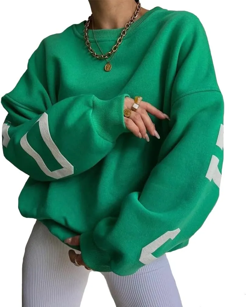 LOFAAC Women Oversized Fleece Letter Graphic Print Sweatshirt Aesthetic Crew Neck Long Sleeve Drop Shoulder Pullover Top