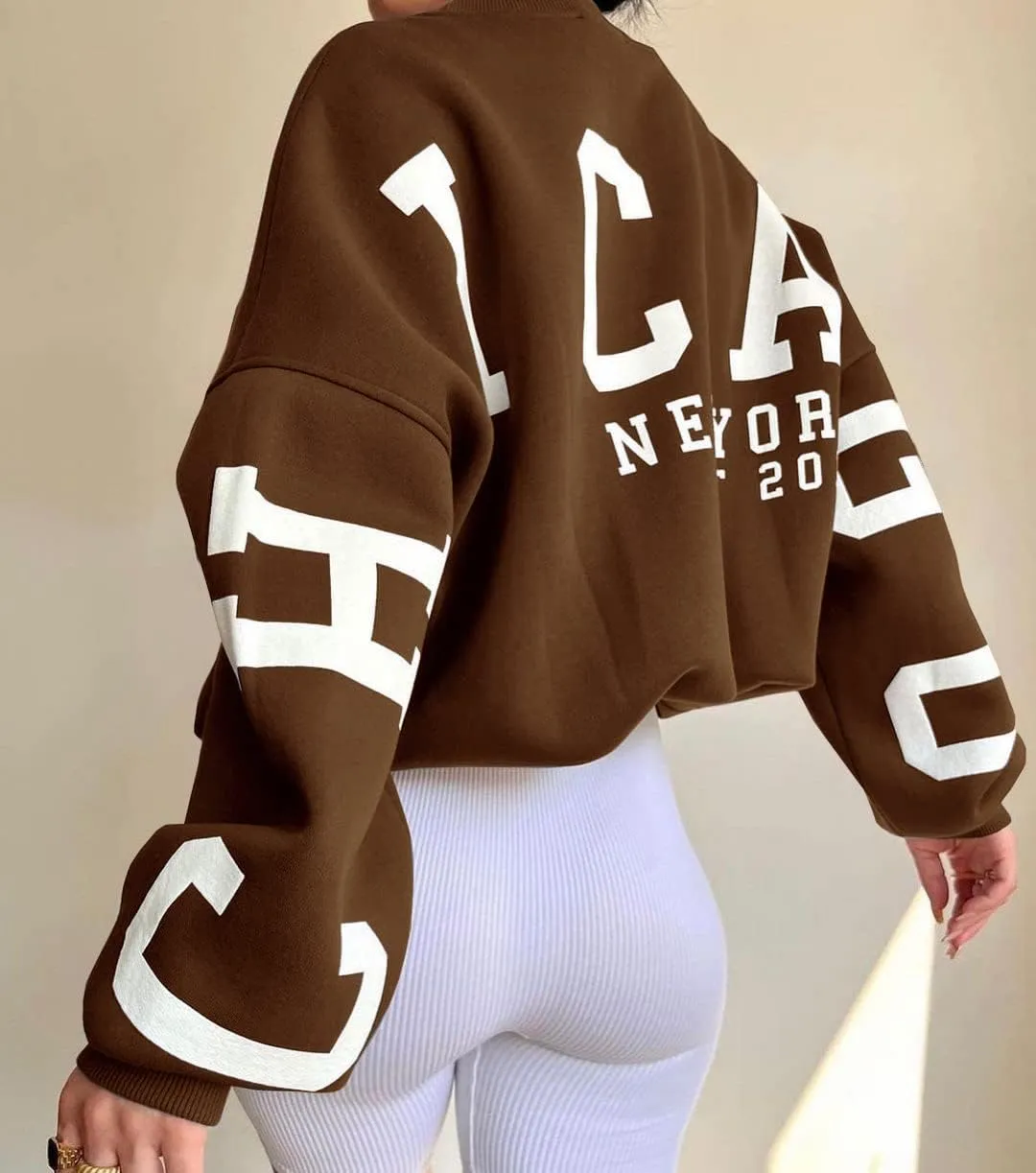 LOFAAC Women Oversized Fleece Letter Graphic Print Sweatshirt Aesthetic Crew Neck Long Sleeve Drop Shoulder Pullover Top
