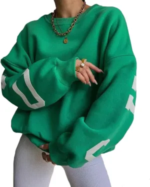 LOFAAC Women Oversized Fleece Letter Graphic Print Sweatshirt Aesthetic Crew Neck Long Sleeve Drop Shoulder Pullover Top