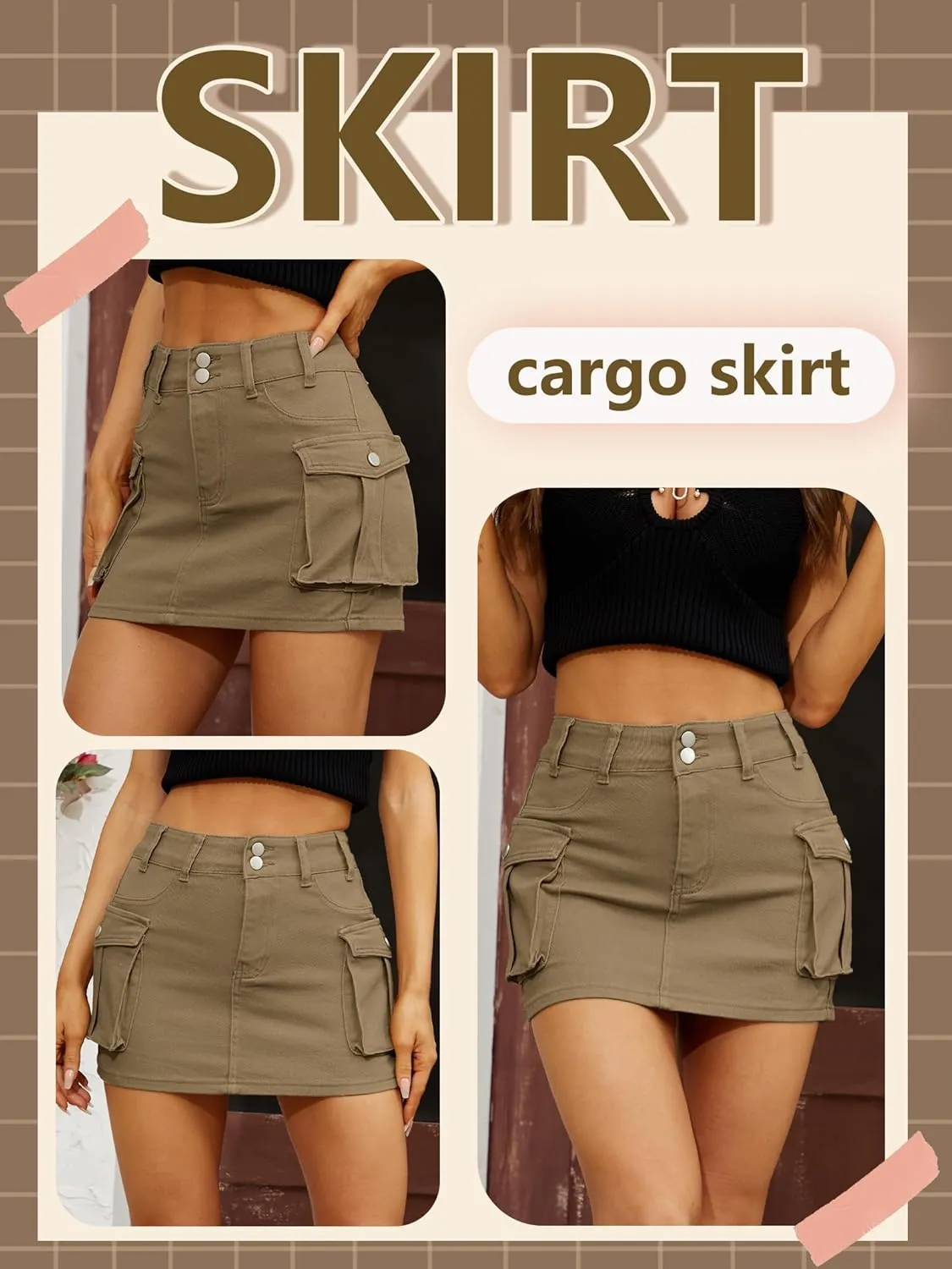 Low Waist Cargo Skirt Women Button Mini Cargo Denim Skirt with Pocket Mini Skirt