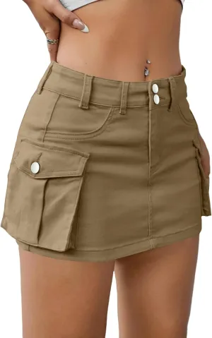 Low Waist Cargo Skirt Women Button Mini Cargo Denim Skirt with Pocket Mini Skirt
