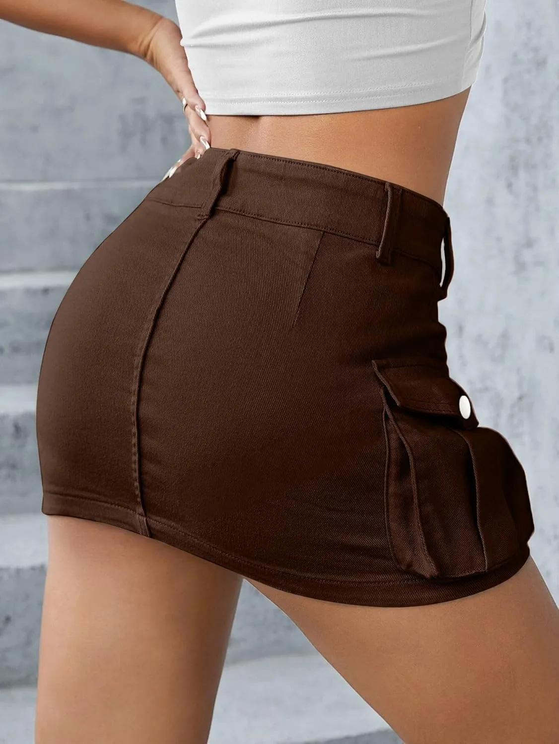 Low Waist Cargo Skirt Women Button Mini Cargo Denim Skirt with Pocket Mini Skirt