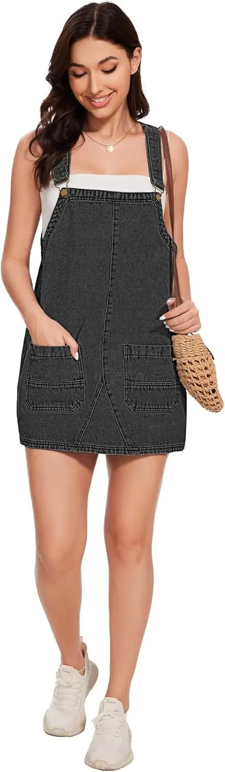 LOZ Womens Denim Overalls Dress Casual Summer Jean Sleeveless Romper Adjustable Strap Denim Dress with Pockets