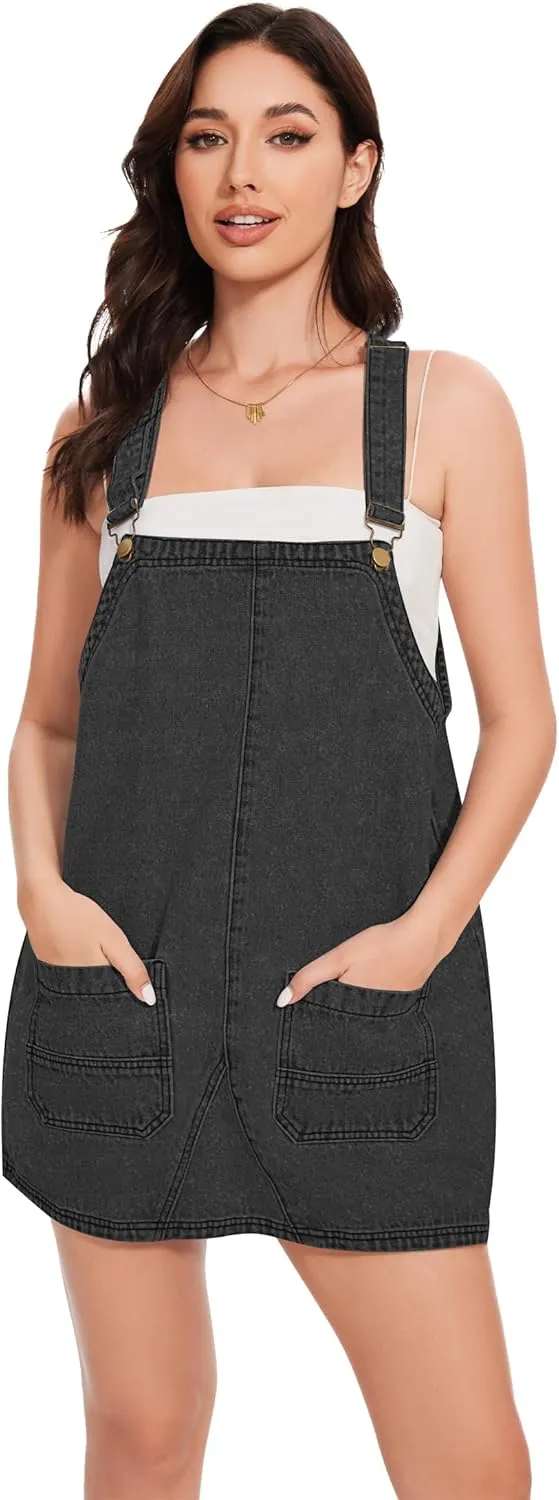 LOZ Womens Denim Overalls Dress Casual Summer Jean Sleeveless Romper Adjustable Strap Denim Dress with Pockets