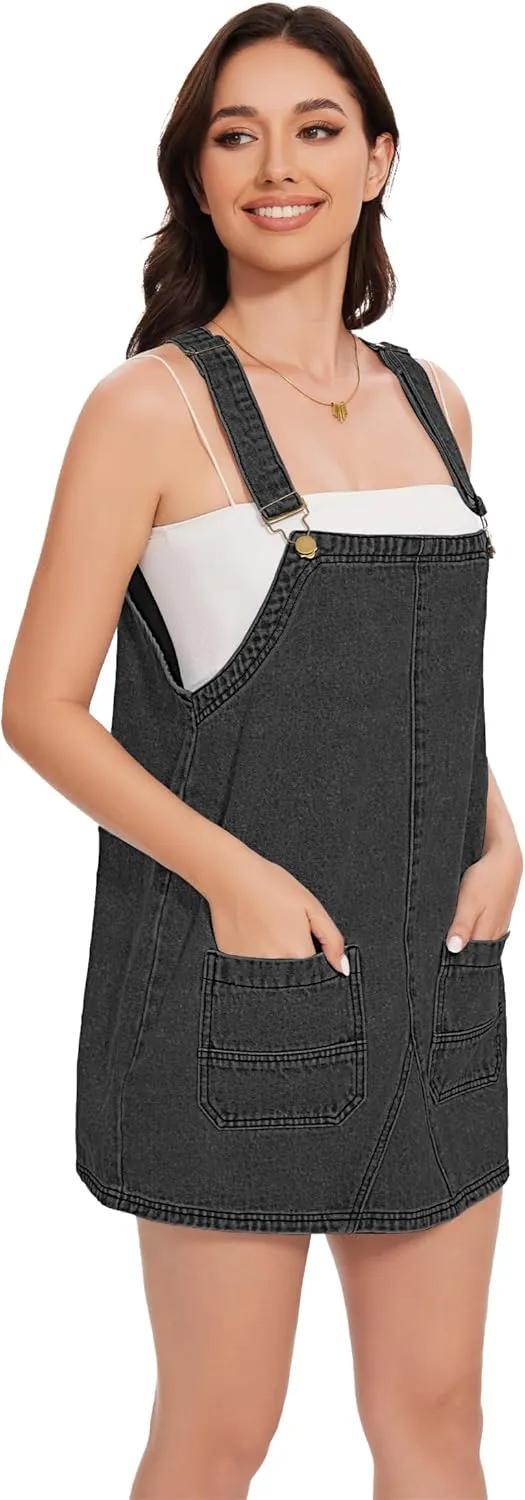 LOZ Womens Denim Overalls Dress Casual Summer Jean Sleeveless Romper Adjustable Strap Denim Dress with Pockets