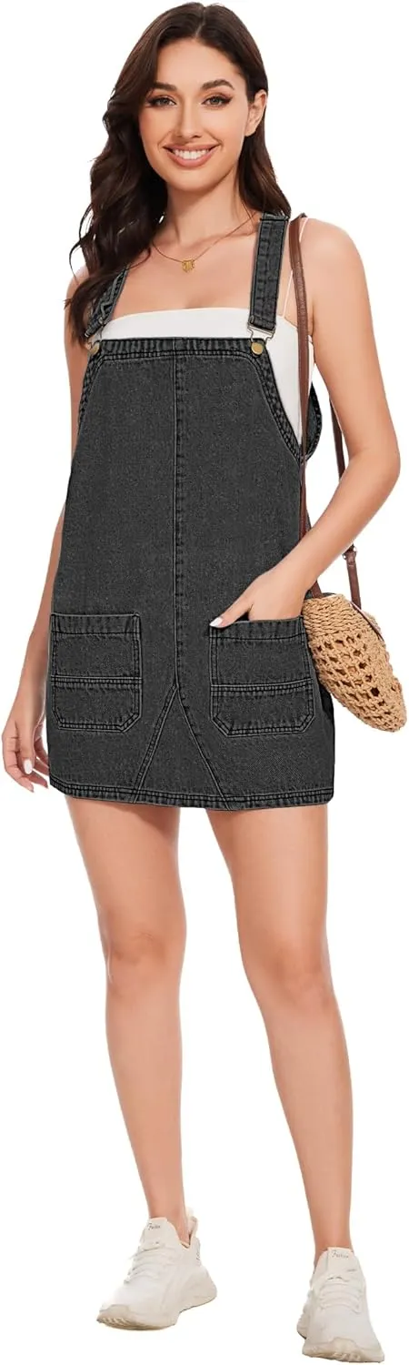 LOZ Womens Denim Overalls Dress Casual Summer Jean Sleeveless Romper Adjustable Strap Denim Dress with Pockets
