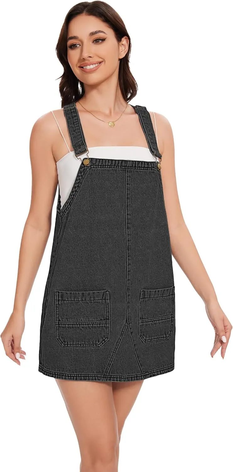 LOZ Womens Denim Overalls Dress Casual Summer Jean Sleeveless Romper Adjustable Strap Denim Dress with Pockets
