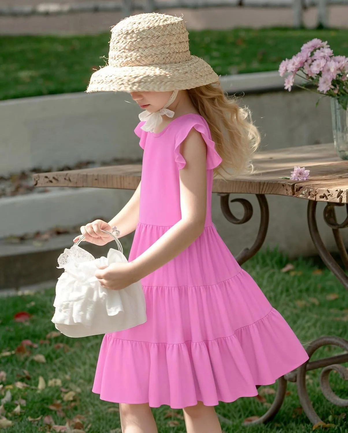 LQSZ Girls Summer Dresses with Ruffle Short Sleeve Midi Casual A-Line Twirly School Sundress Size 3-12 Years