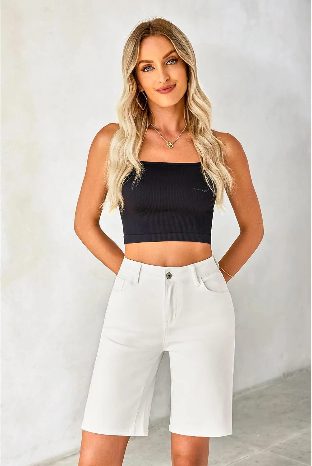 luvamia Bermuda Jean Shorts for Women High Waisted Trendy Stretchy Denim Shorts Knee Length Cutoff Loose Fit Long Shorts