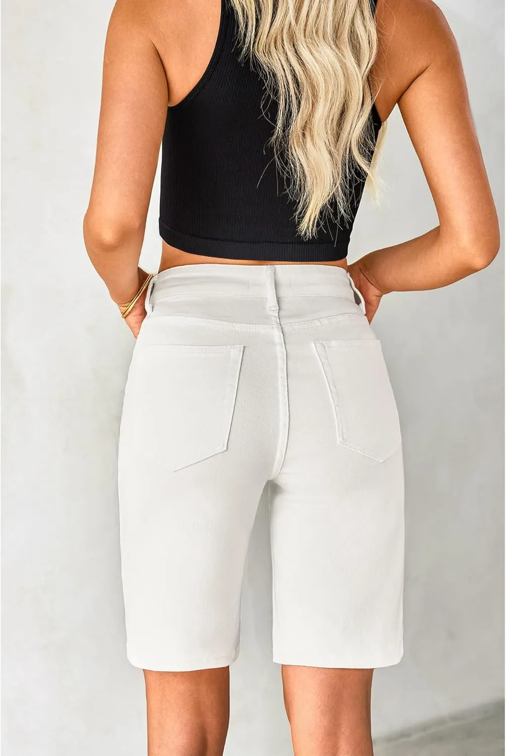 luvamia Bermuda Jean Shorts for Women High Waisted Trendy Stretchy Denim Shorts Knee Length Cutoff Loose Fit Long Shorts