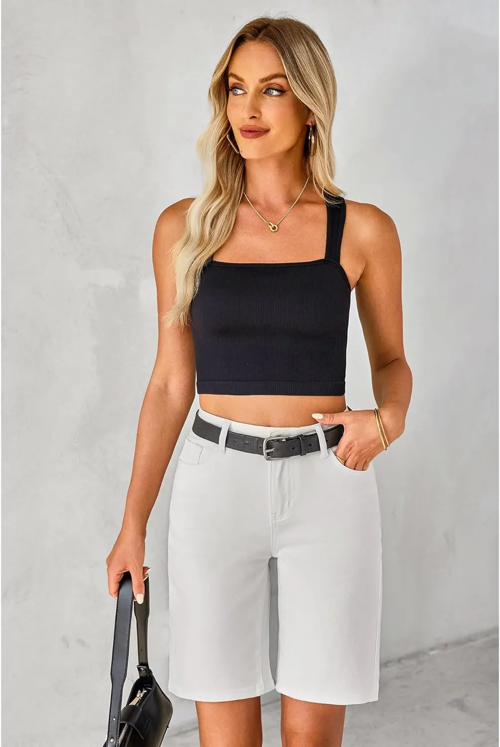luvamia Bermuda Jean Shorts for Women High Waisted Trendy Stretchy Denim Shorts Knee Length Cutoff Loose Fit Long Shorts
