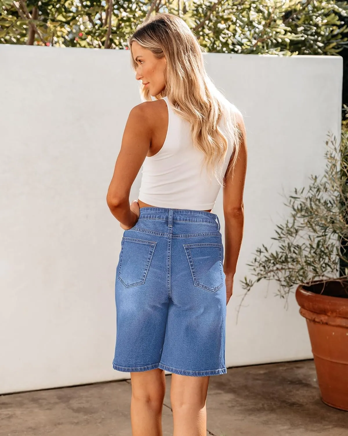 luvamia Bermuda Jean Shorts for Women High Waisted Trendy Stretchy Denim Shorts Knee Length Cutoff Loose Fit Long Shorts
