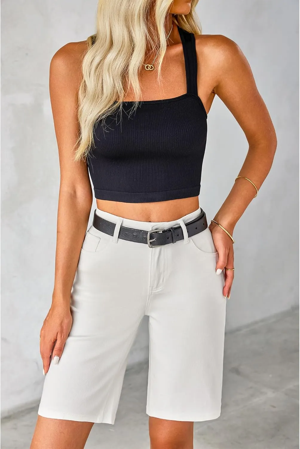 luvamia Bermuda Jean Shorts for Women High Waisted Trendy Stretchy Denim Shorts Knee Length Cutoff Loose Fit Long Shorts