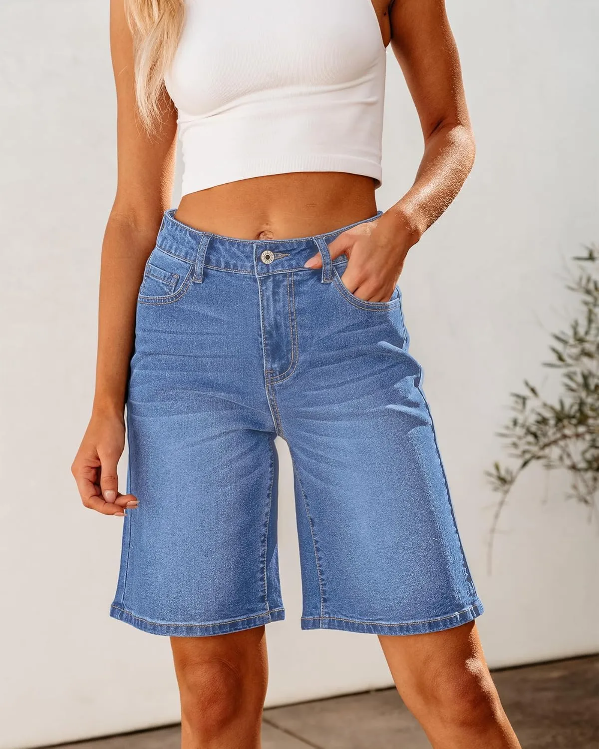 luvamia Bermuda Jean Shorts for Women High Waisted Trendy Stretchy Denim Shorts Knee Length Cutoff Loose Fit Long Shorts