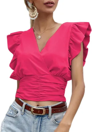 LYANER Womens Wrap V Neck Ruffle Cap Sleeve Crop Top Shirred Hem Sleeveless Blouse Tank Top