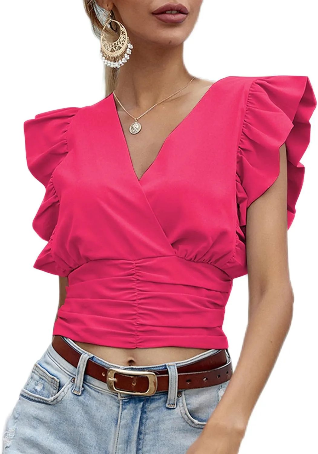 LYANER Womens Wrap V Neck Ruffle Cap Sleeve Crop Top Shirred Hem Sleeveless Blouse Tank Top