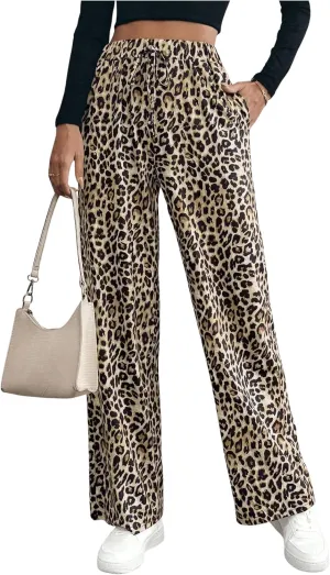 MakeMeChic Women's Leopard Print Pants Elastic Waist Lounge Pants Wide Leg Loose Long Pajama Pants