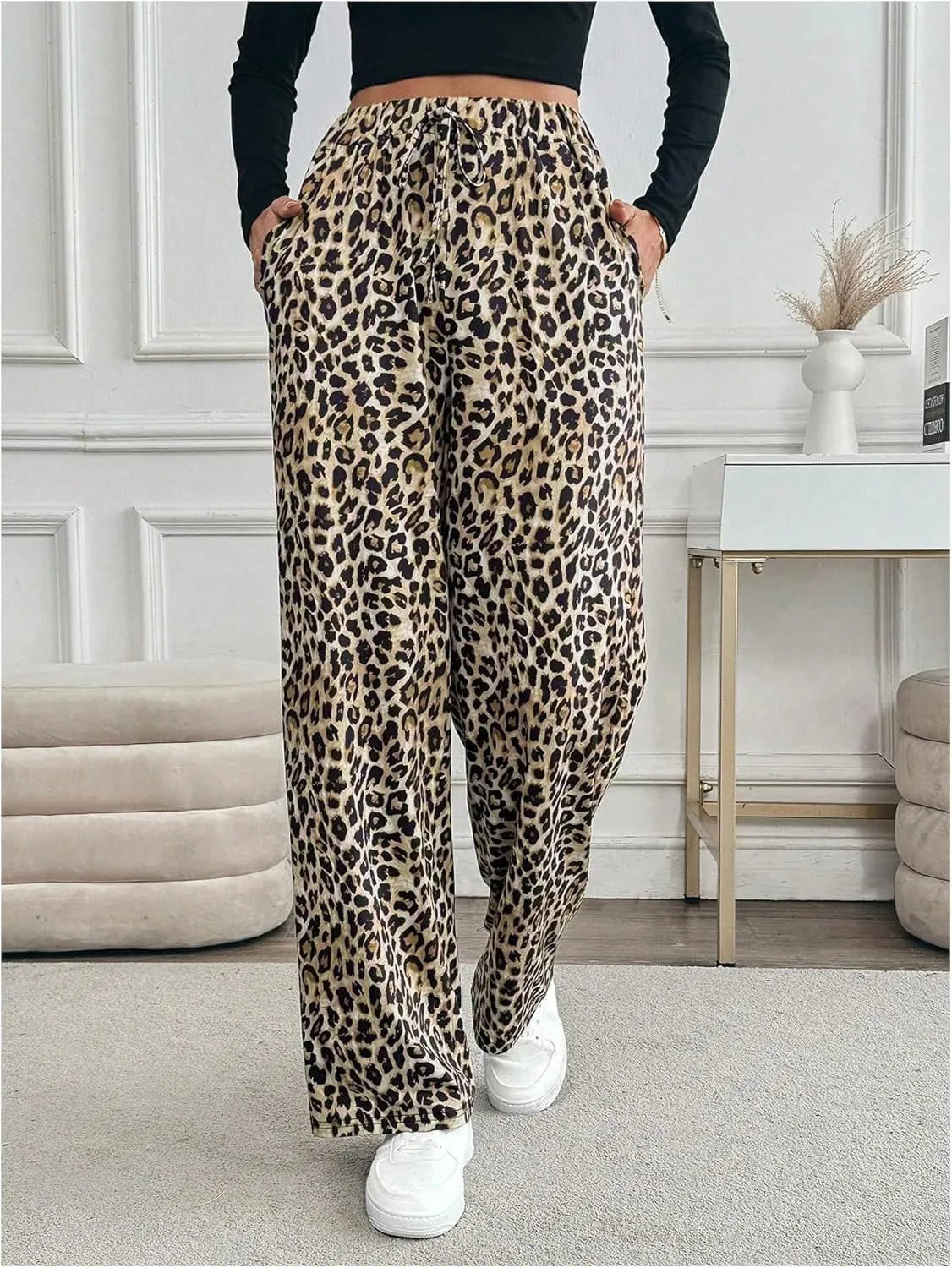 MakeMeChic Women's Leopard Print Pants Elastic Waist Lounge Pants Wide Leg Loose Long Pajama Pants