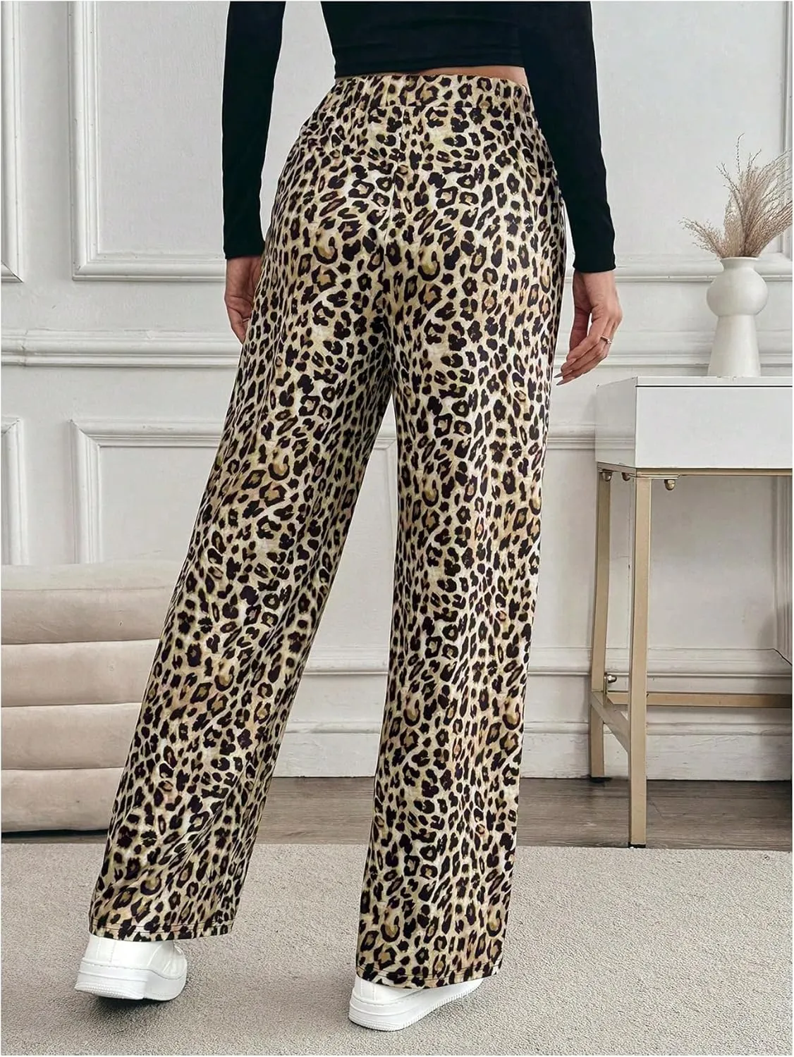 MakeMeChic Women's Leopard Print Pants Elastic Waist Lounge Pants Wide Leg Loose Long Pajama Pants