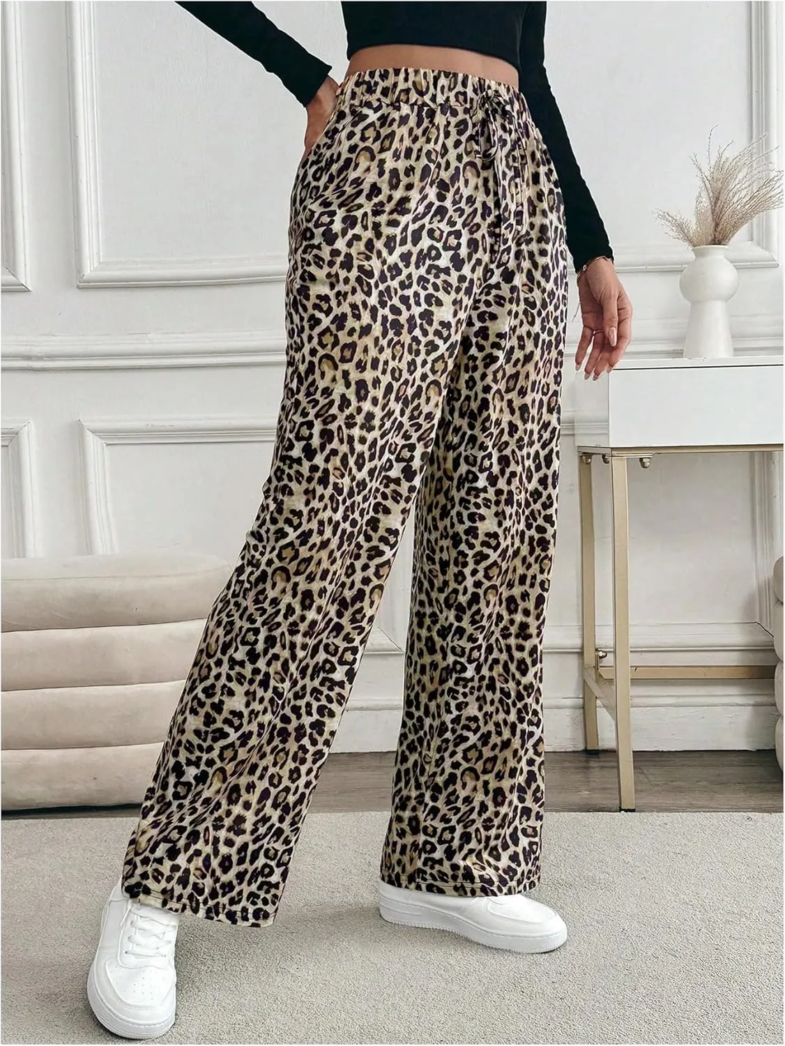 MakeMeChic Women's Leopard Print Pants Elastic Waist Lounge Pants Wide Leg Loose Long Pajama Pants