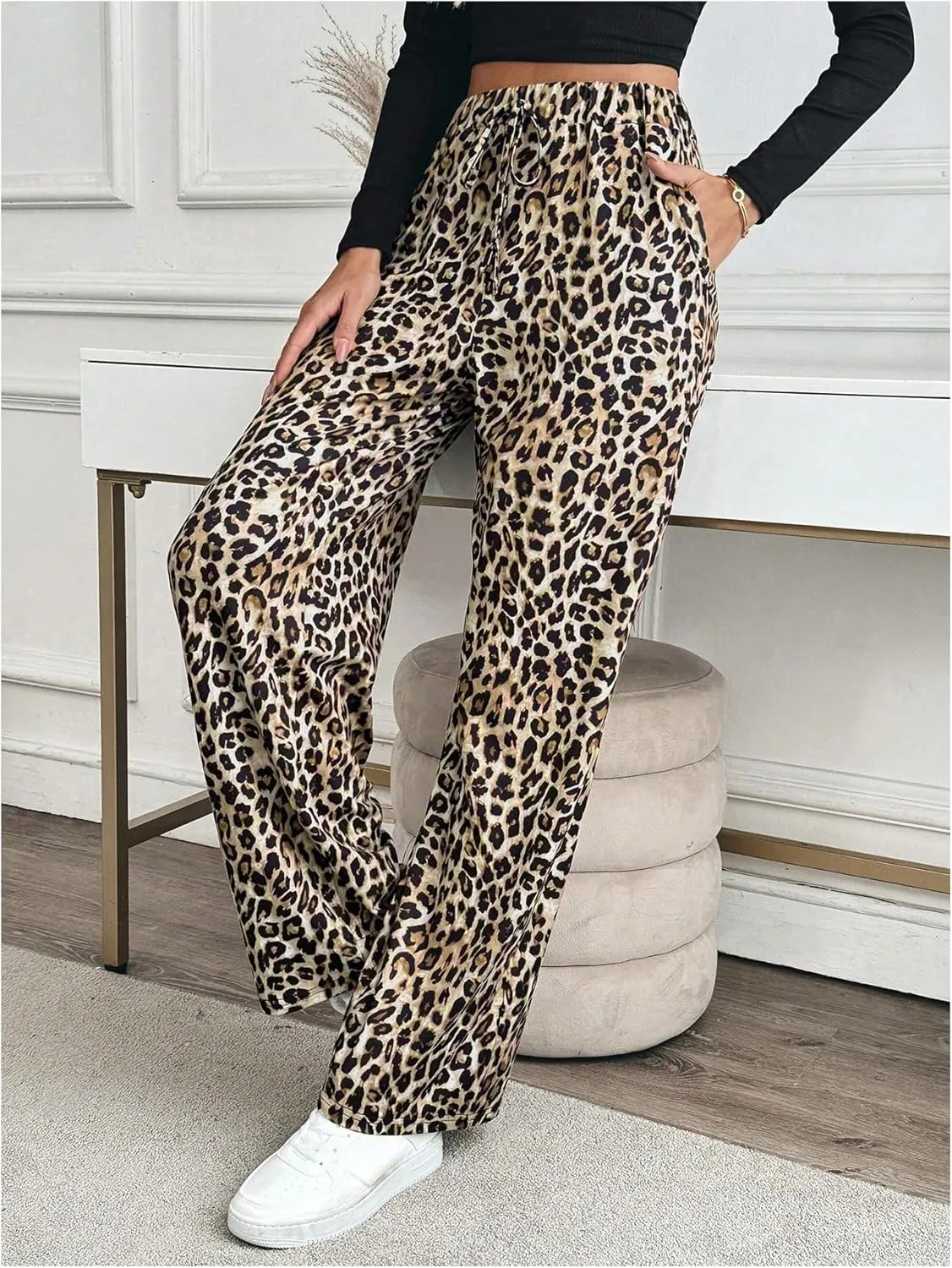 MakeMeChic Women's Leopard Print Pants Elastic Waist Lounge Pants Wide Leg Loose Long Pajama Pants
