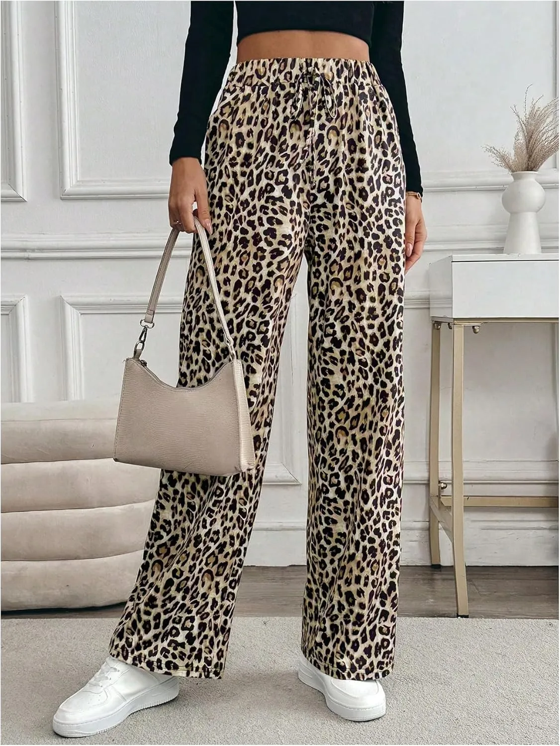 MakeMeChic Women's Leopard Print Pants Elastic Waist Lounge Pants Wide Leg Loose Long Pajama Pants