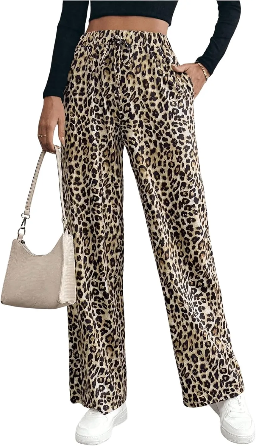 MakeMeChic Women's Leopard Print Pants Elastic Waist Lounge Pants Wide Leg Loose Long Pajama Pants