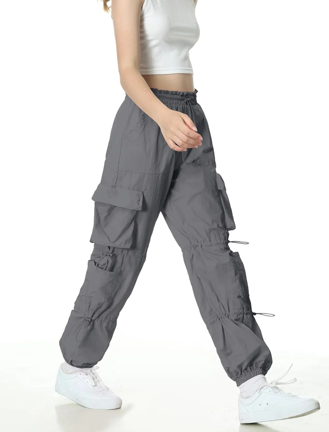 Mebius Girls Parachute Pants Baggy Cargo Hiking Joggers Hip Hop Dance with Pockets Trousers for Kids 8-14Y