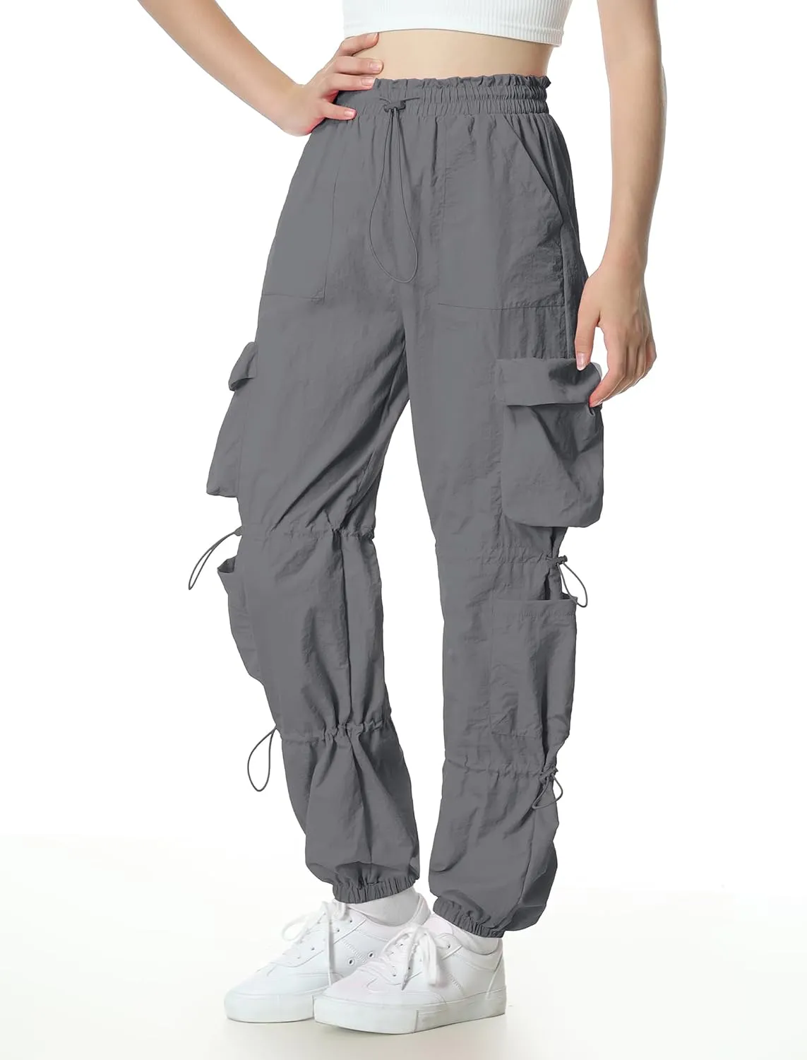 Mebius Girls Parachute Pants Baggy Cargo Hiking Joggers Hip Hop Dance with Pockets Trousers for Kids 8-14Y