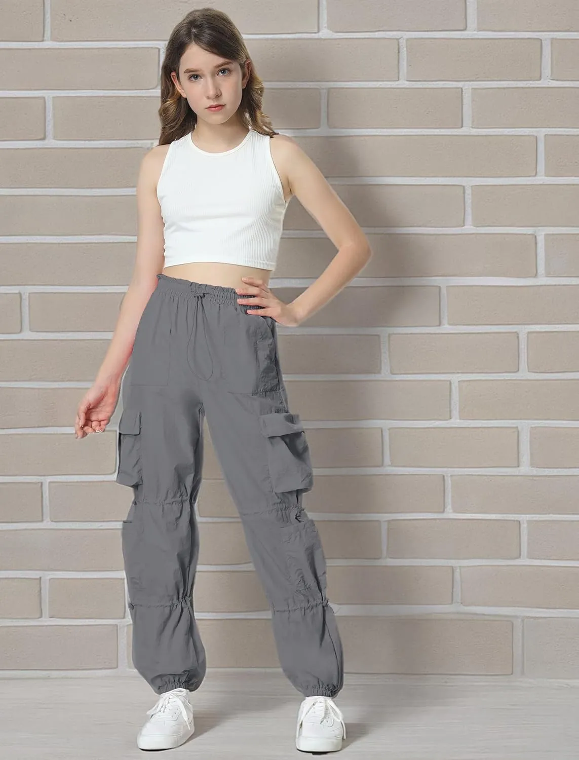 Mebius Girls Parachute Pants Baggy Cargo Hiking Joggers Hip Hop Dance with Pockets Trousers for Kids 8-14Y