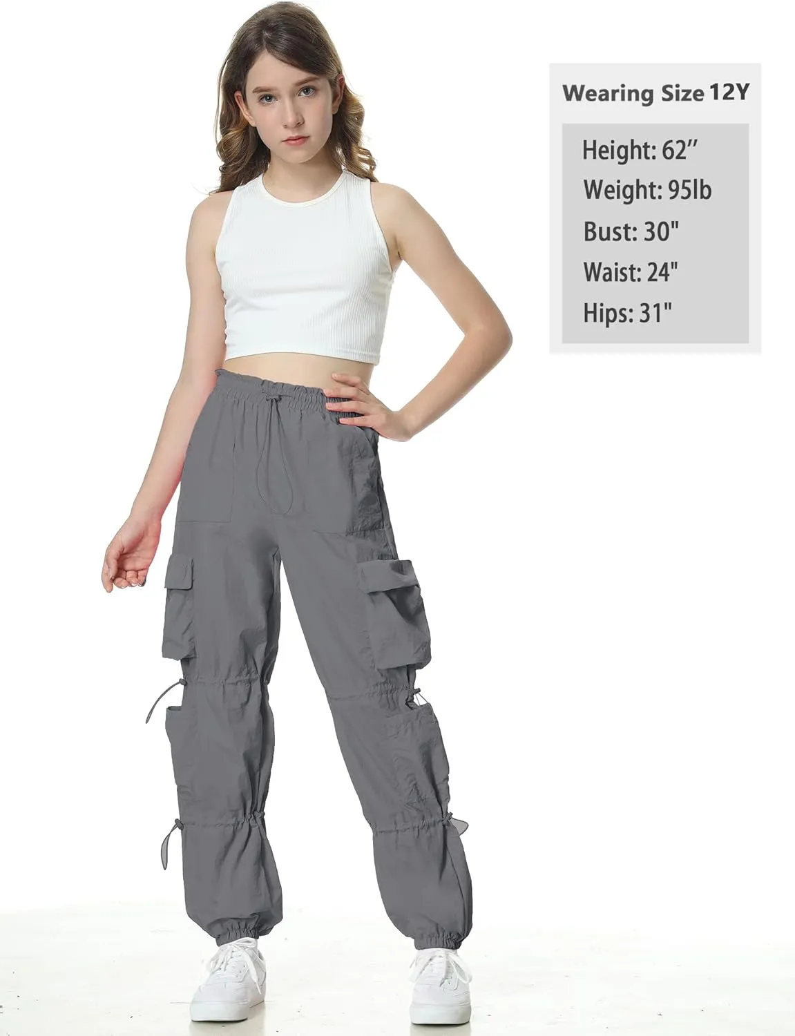 Mebius Girls Parachute Pants Baggy Cargo Hiking Joggers Hip Hop Dance with Pockets Trousers for Kids 8-14Y