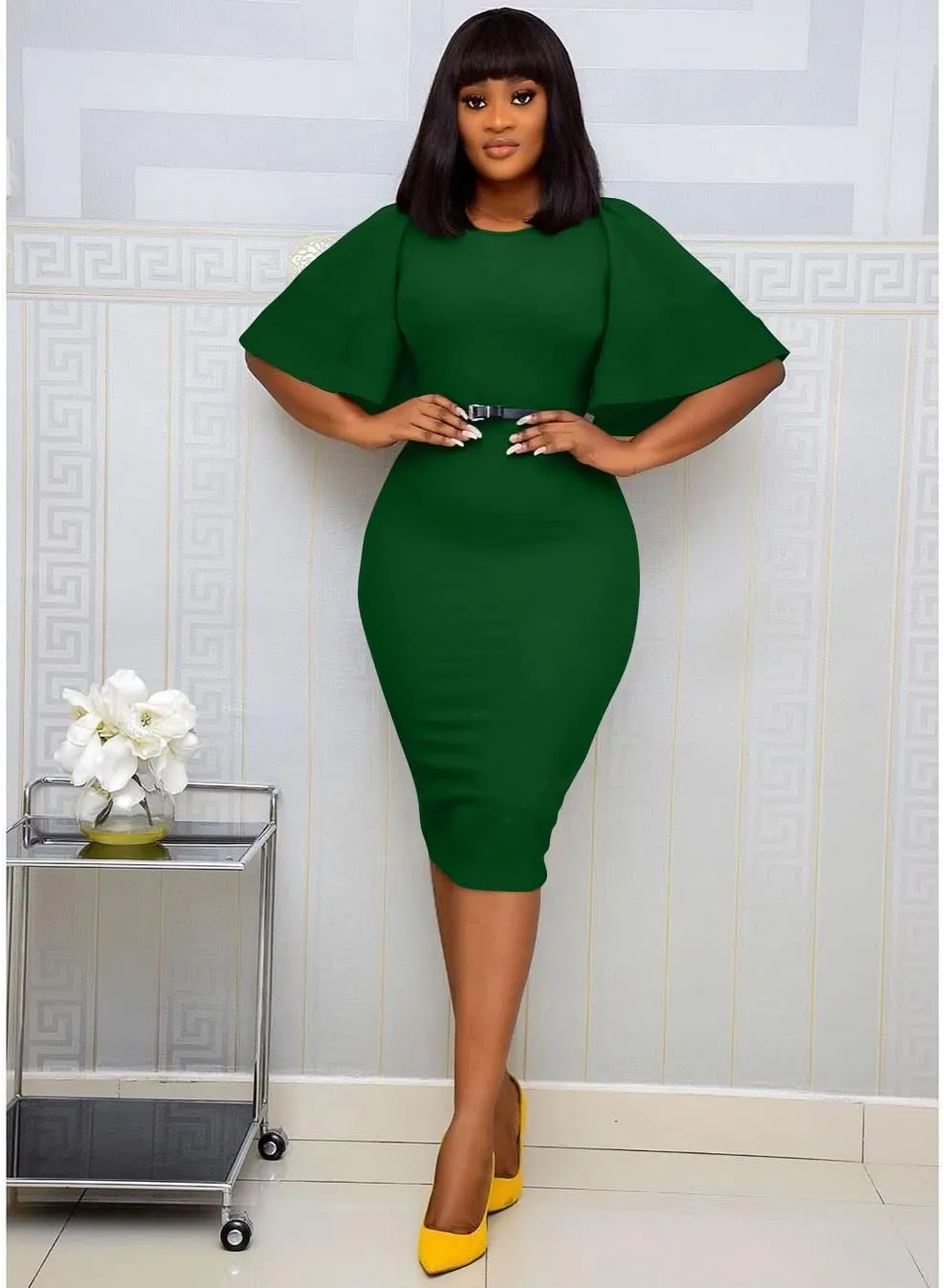 Memoriesea Women's Basic Bodycon Ruffle Flared Short Sleeve Pencil Midi Dress