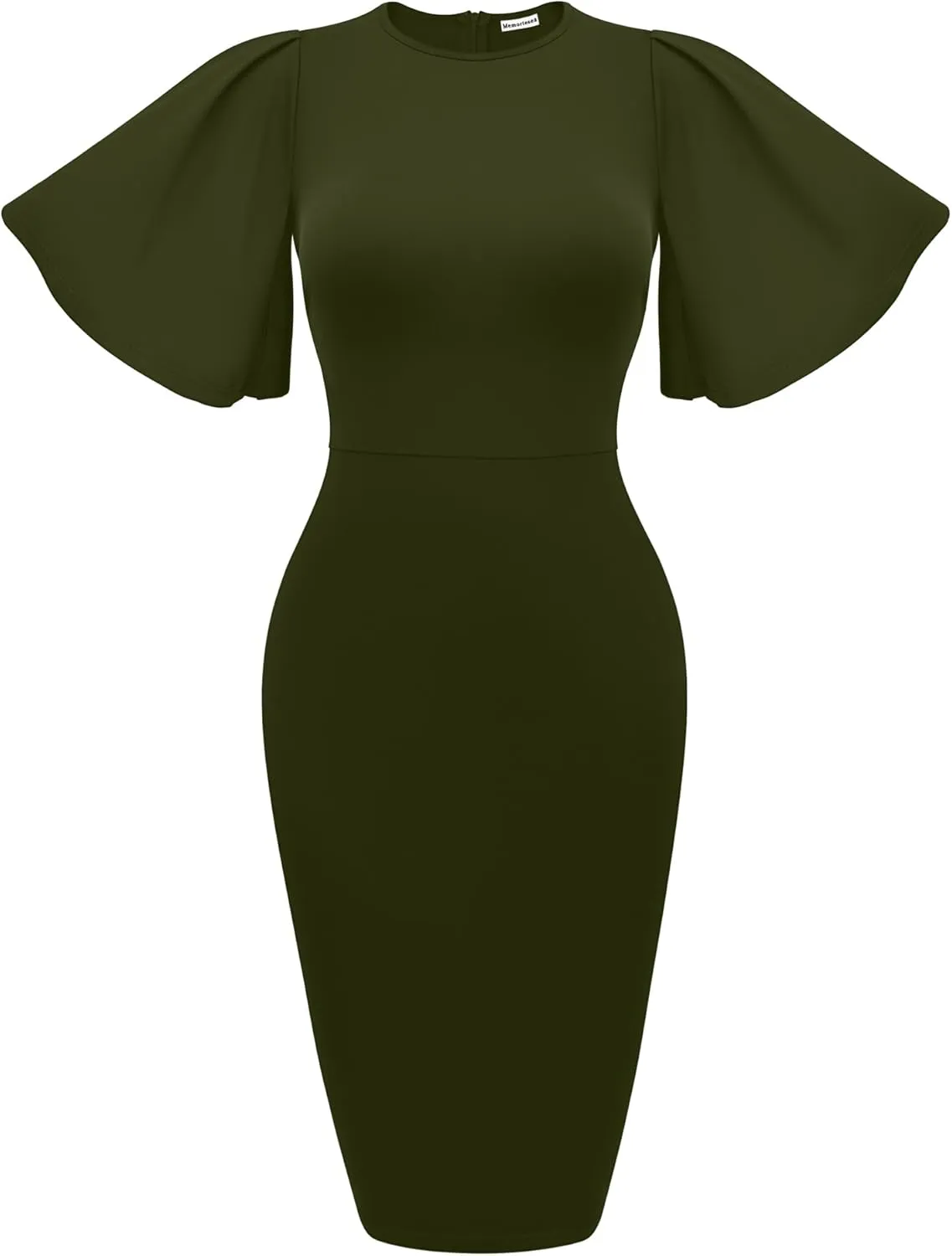 Memoriesea Women's Basic Bodycon Ruffle Flared Short Sleeve Pencil Midi Dress