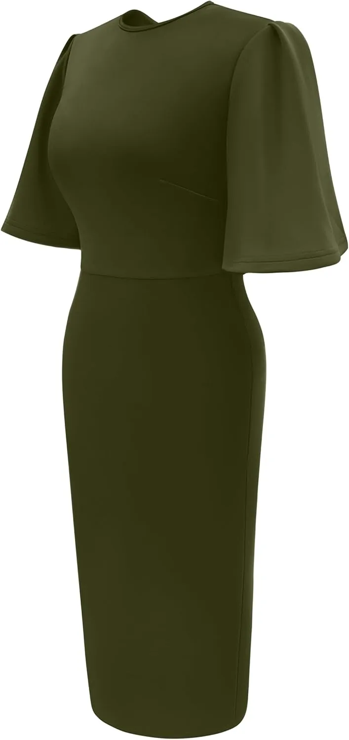 Memoriesea Women's Basic Bodycon Ruffle Flared Short Sleeve Pencil Midi Dress
