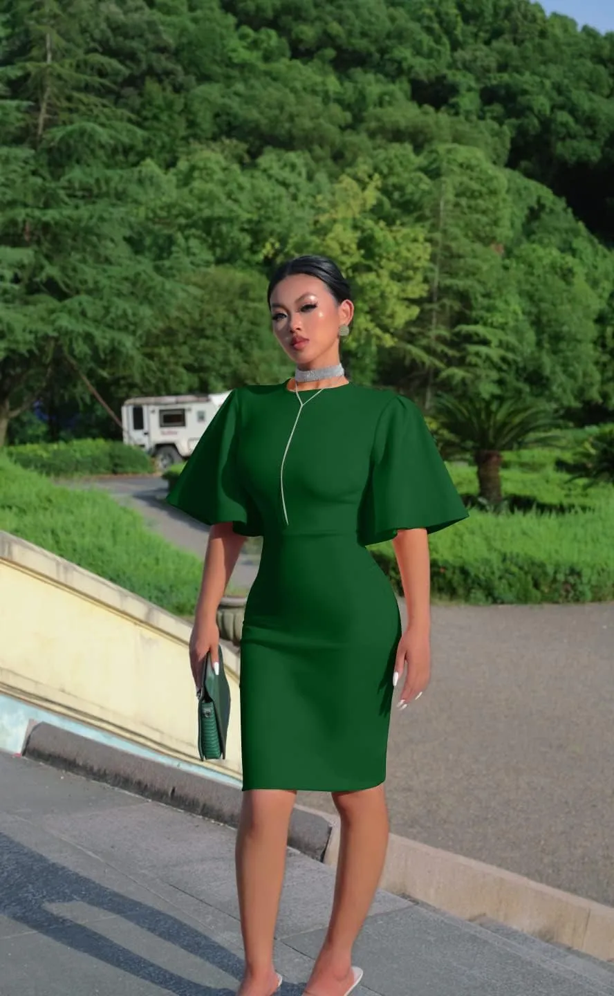 Memoriesea Women's Basic Bodycon Ruffle Flared Short Sleeve Pencil Midi Dress