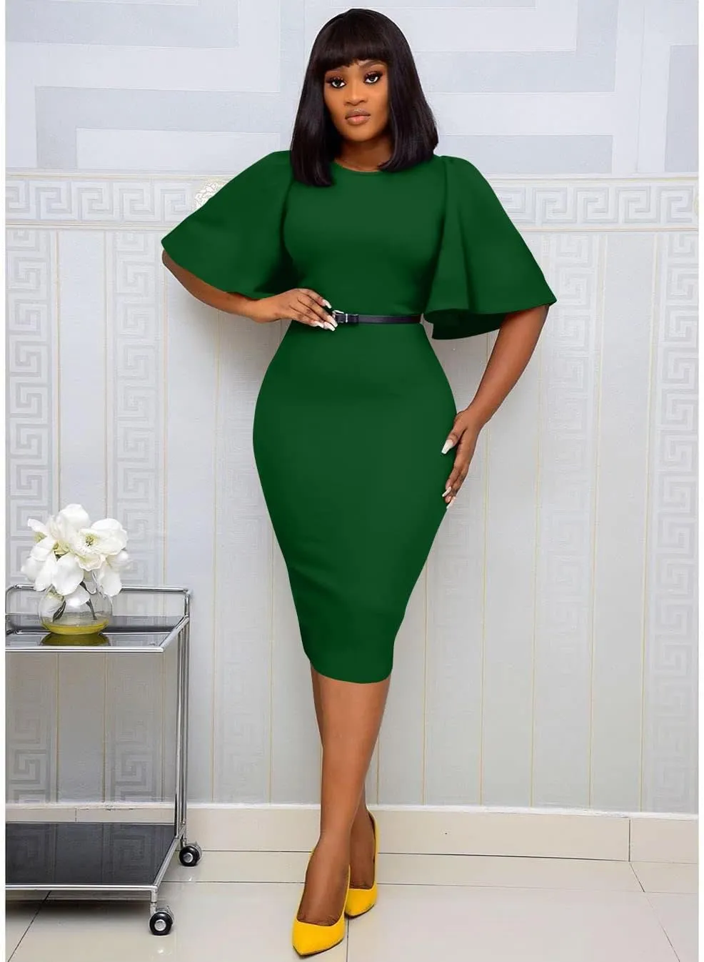 Memoriesea Women's Basic Bodycon Ruffle Flared Short Sleeve Pencil Midi Dress