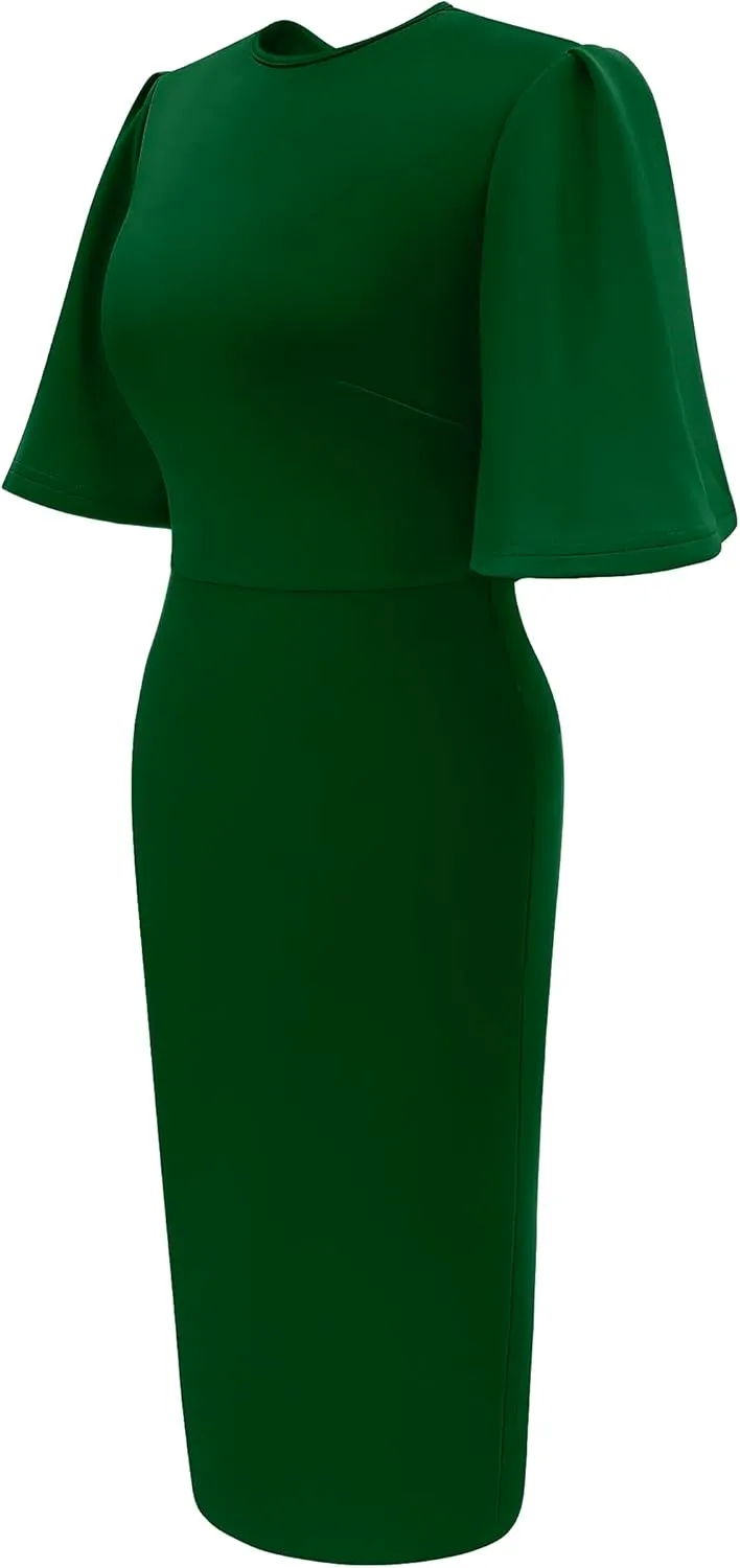 Memoriesea Women's Basic Bodycon Ruffle Flared Short Sleeve Pencil Midi Dress