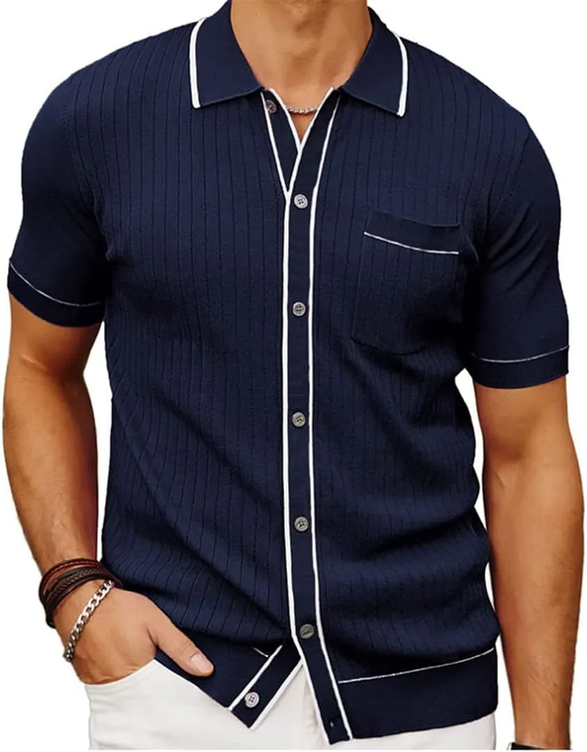 Men Knit Short Sleeve Polo Shirt Casual Lapel Button Down Cardigan Breathable Tops
