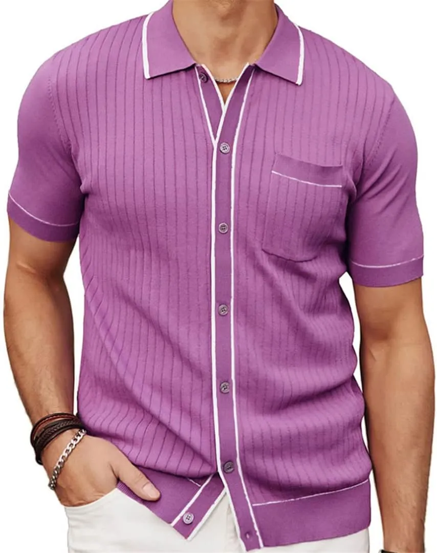 Men Knit Short Sleeve Polo Shirt Casual Lapel Button Down Cardigan Breathable Tops