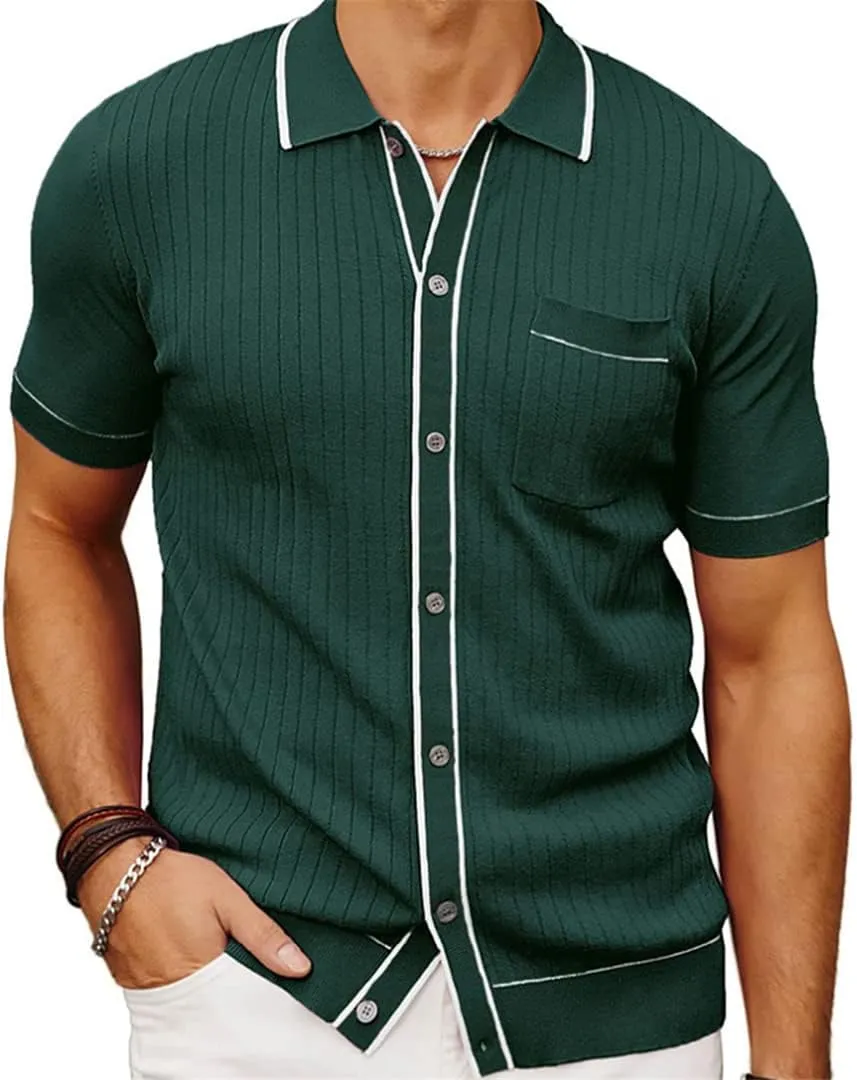 Men Knit Short Sleeve Polo Shirt Casual Lapel Button Down Cardigan Breathable Tops