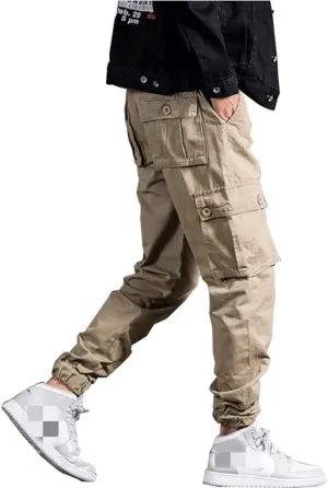 Mens Casual Cargo Jogger Elastic Waist Hip Hop Punk Cargo Pants with Multi-Pockets