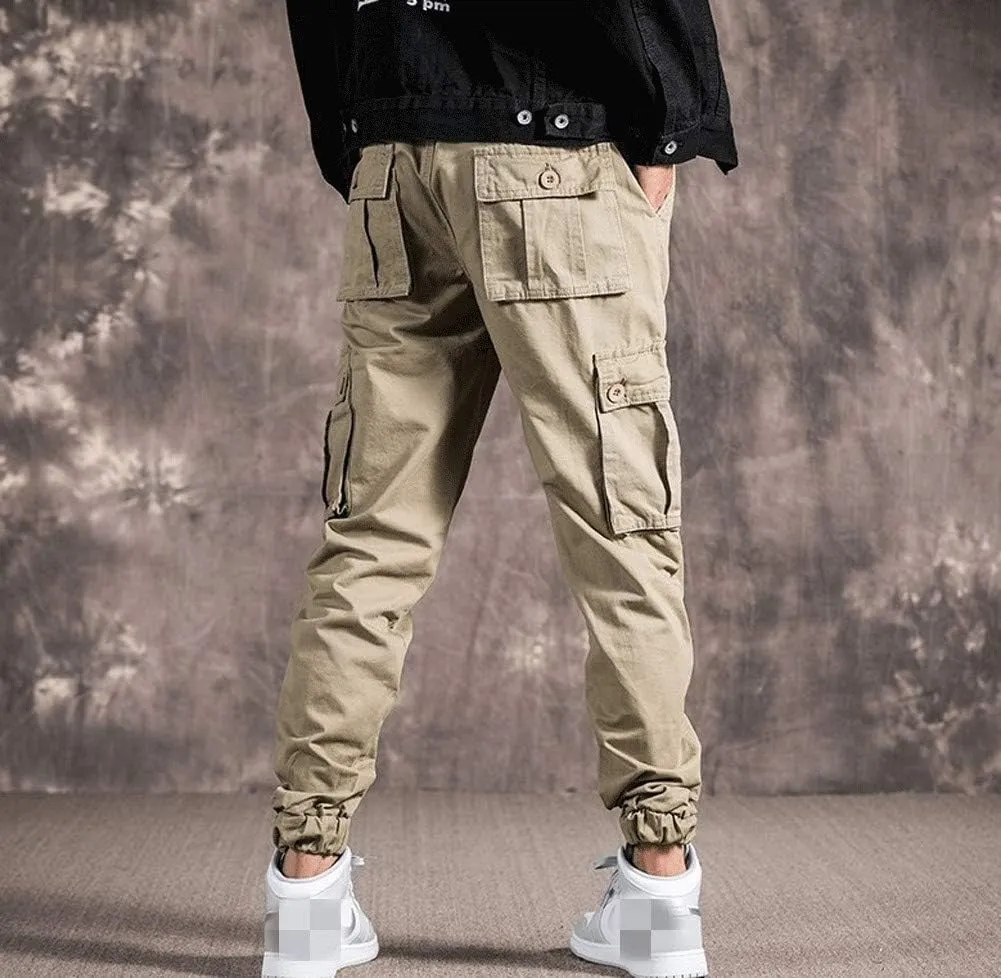 Mens Casual Cargo Jogger Elastic Waist Hip Hop Punk Cargo Pants with Multi-Pockets