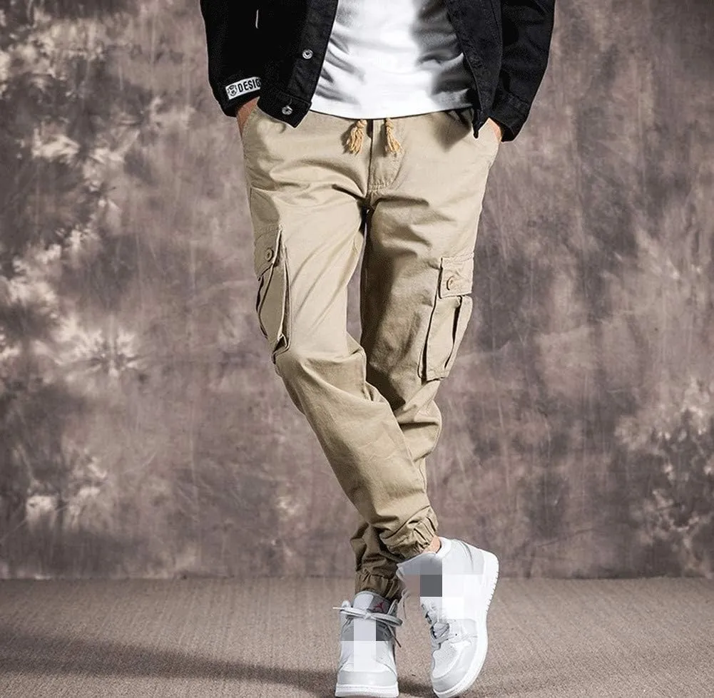 Mens Casual Cargo Jogger Elastic Waist Hip Hop Punk Cargo Pants with Multi-Pockets