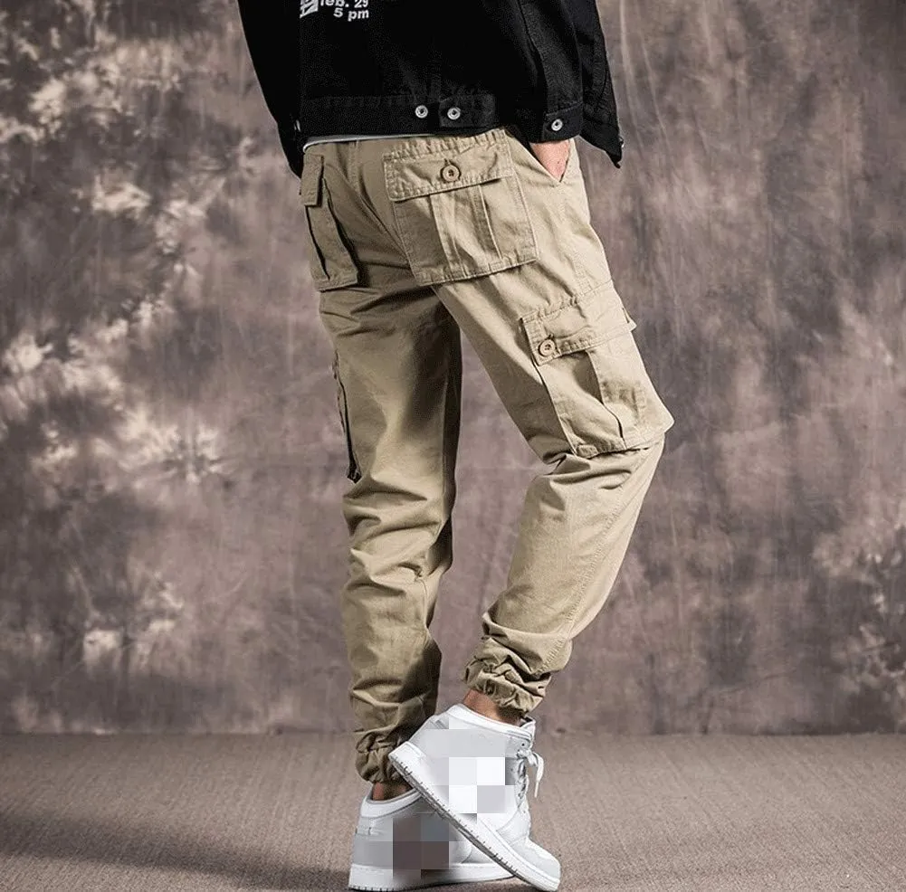 Mens Casual Cargo Jogger Elastic Waist Hip Hop Punk Cargo Pants with Multi-Pockets
