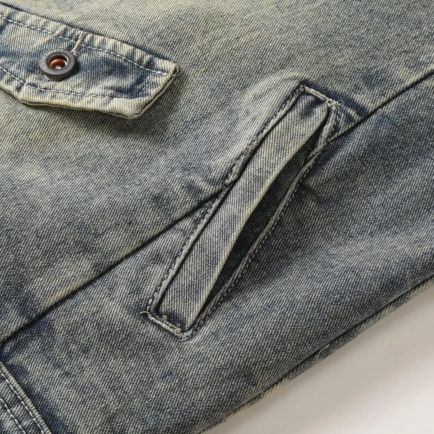 Men's Denim Jacket Asymmetric Zipper Notched Lapels Ripped Long Sleeve Moto Trucker Jean Jacket